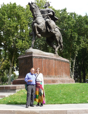 Ron and Ellen and Amir Timur statue in Tashkent